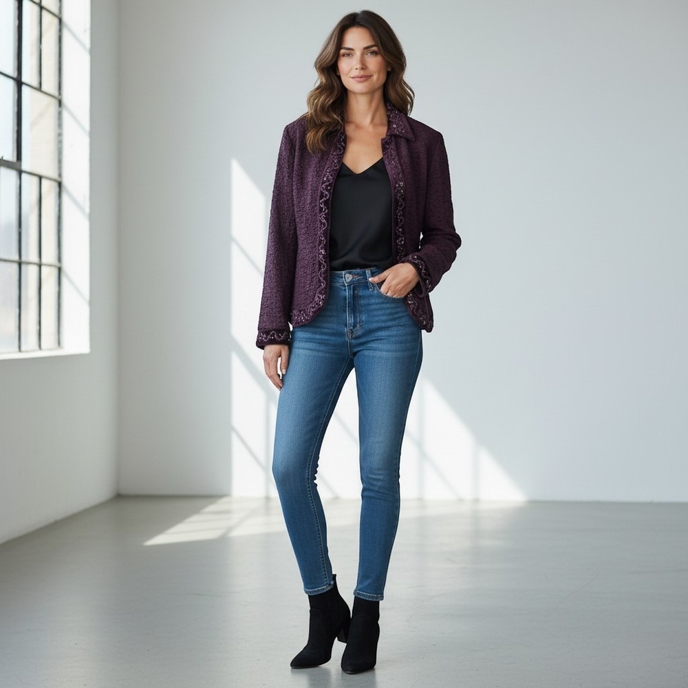 Chicos Purple Textured Beaded Velvet Trim Open Front Jacket Size 1 Plum